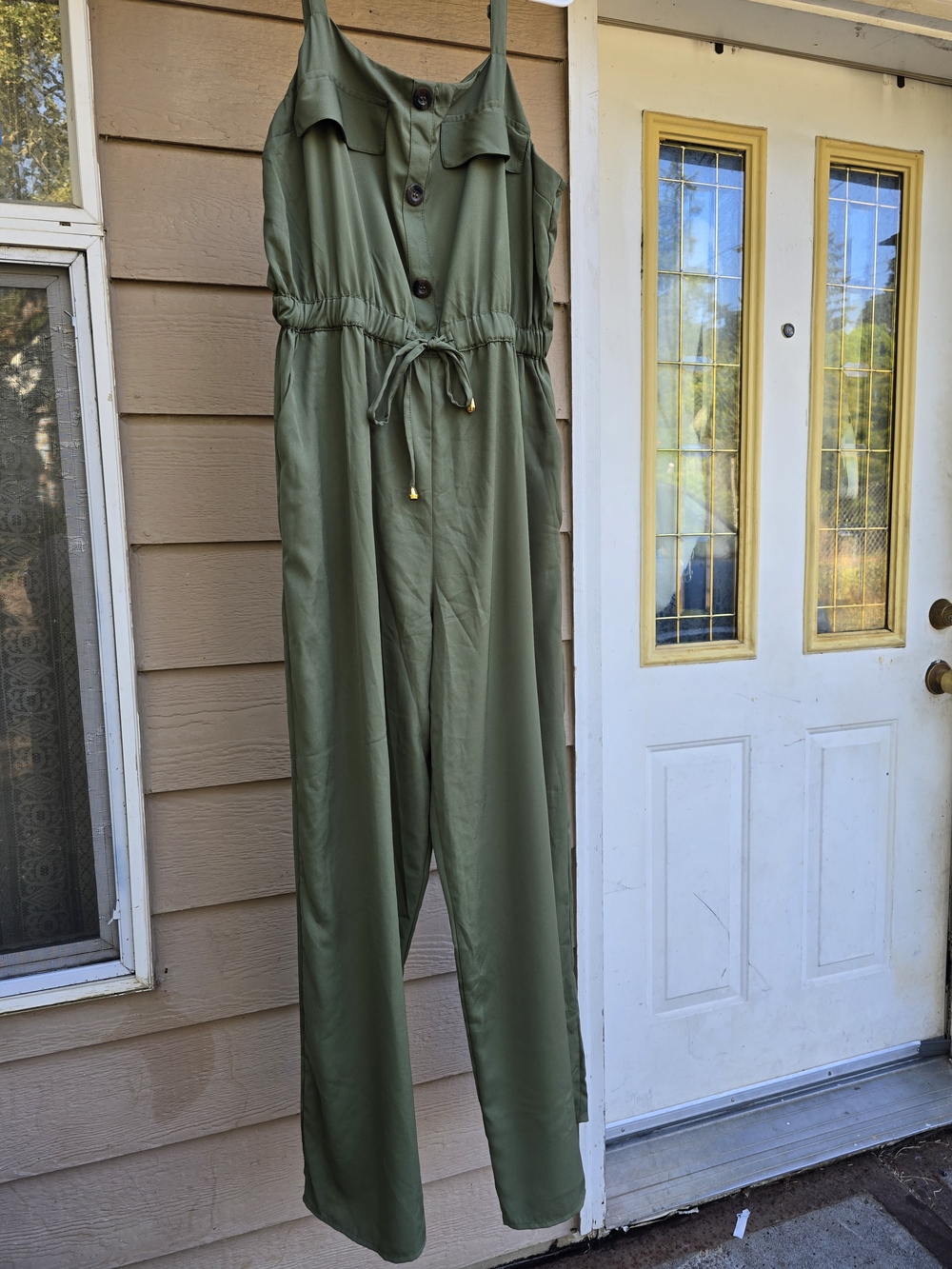 Blush Olive Green Spaghetti-Strap Button Front Jumpsuit - XL